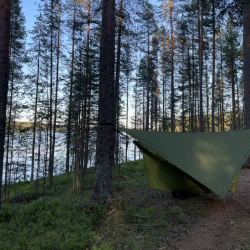 Rokuanjärvi taustalla. Riippumatto on täällä männikössä oiva majoite.